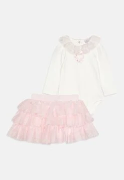 Monnalisa Gonna Cristalli Interlock Unito Set - Falda Acampanada - Panna/Rosa Antico